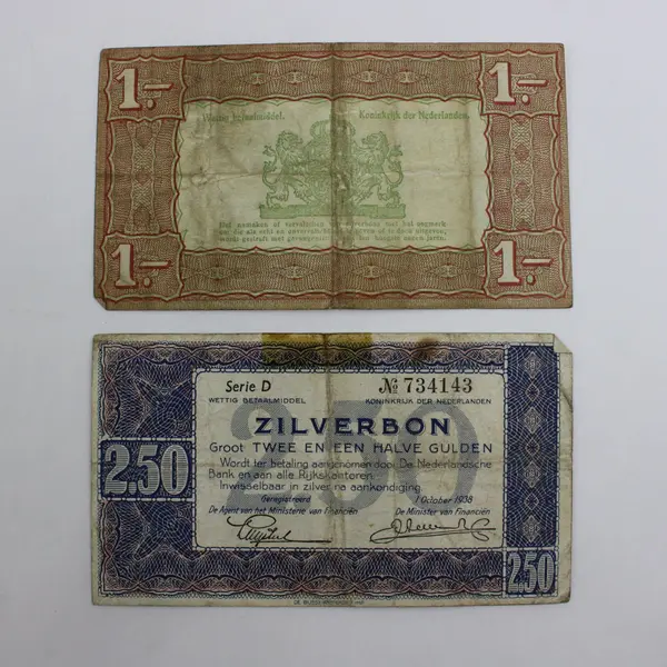 Netherlands 1938 Zilverbon 1 & 2.50 Gulden Banknotes Pair