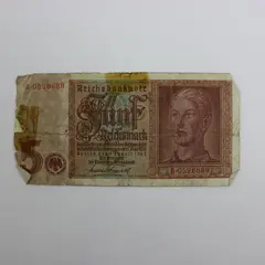 Germany 5 Reichsmark 1942 P-186 Reichsbanknote Heavily Creased Torn