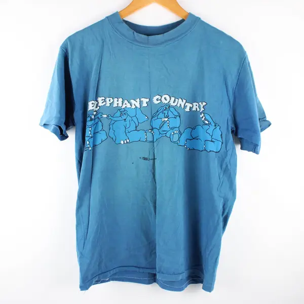 1973 Crazy Shirts Elephant Country Blue Mens Tee Large 100% Cotton FLAWED