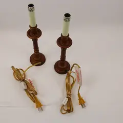 Pair Electric Taper Candlestick Window Lamps 12.25in Brown Wood-Tone Bases