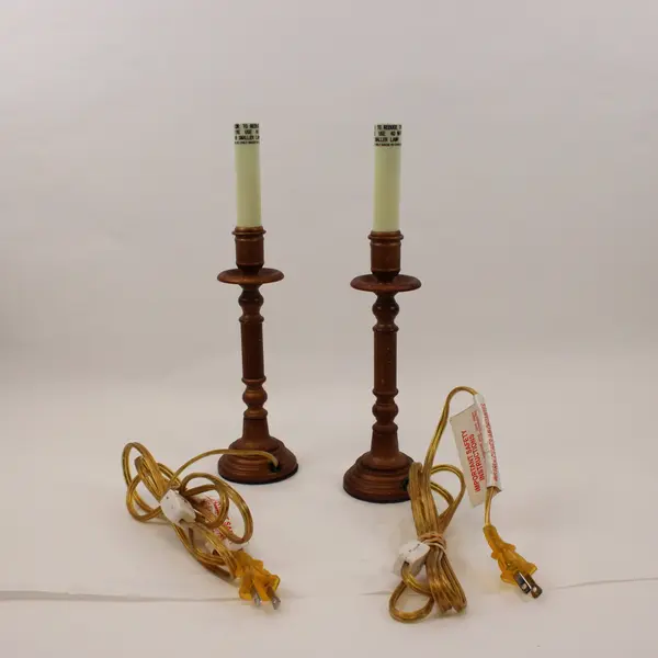 Pair Electric Taper Candlestick Window Lamps 12.25in Brown Wood-Tone Bases