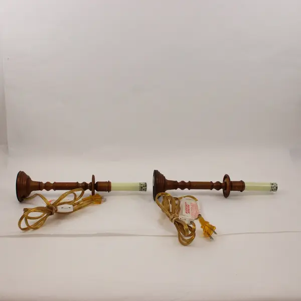 Pair Electric Taper Candlestick Window Lamps 12.25in Brown Wood-Tone Bases