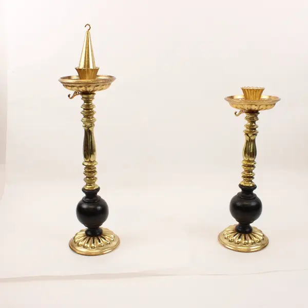 Pair of Vintage MCM Wood Gold Tone Candle Holders Hanging Snuffer