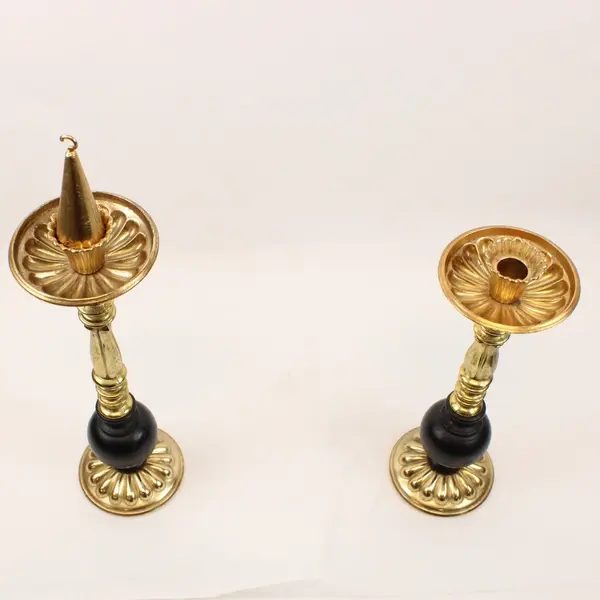 Pair of Vintage MCM Wood Gold Tone Candle Holders Hanging Snuffer