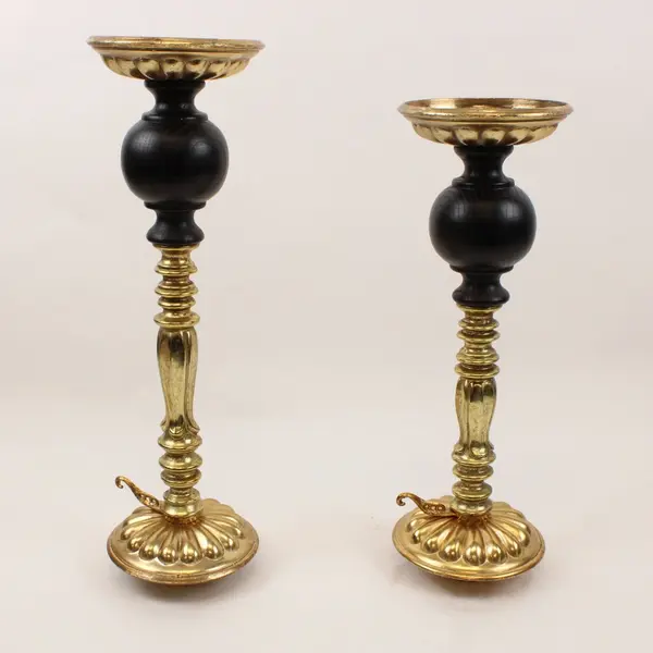 Pair of Vintage MCM Wood Gold Tone Candle Holders Hanging Snuffer