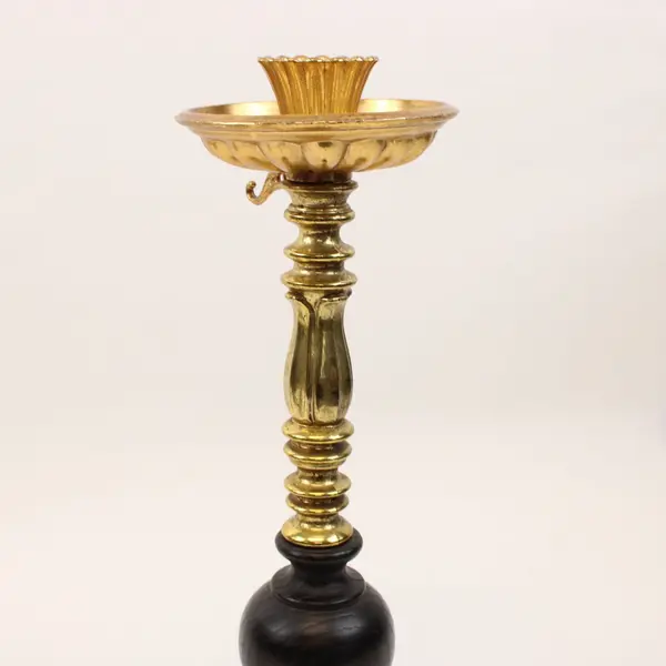 Pair of Vintage MCM Wood Gold Tone Candle Holders Hanging Snuffer