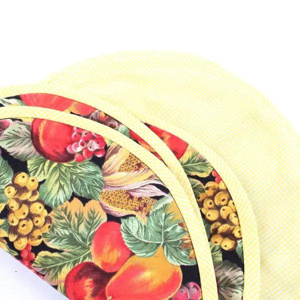 Lot of 3 Fruit & Flower Yellow Plaid Trim Oval Placemats Table Decor 18''