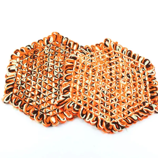 Lot of 2 Knit Hexagon Table Centerpiece Mats Orange Brown Beige 14" Fall Decor