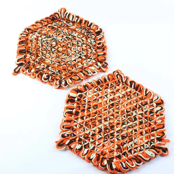 Lot of 2 Knit Hexagon Table Centerpiece Mats Orange Brown Beige 14" Fall Decor