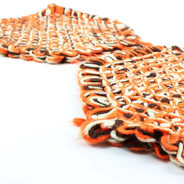 Lot of 2 Knit Hexagon Table Centerpiece Mats Orange Brown Beige 14" Fall Decor