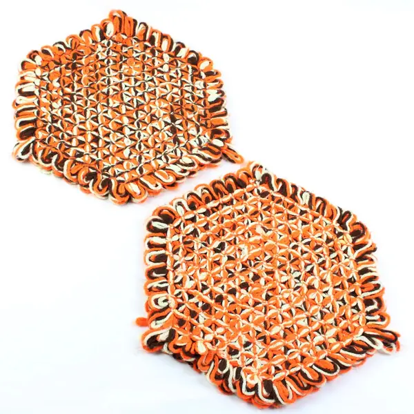 Lot of 2 Knit Hexagon Table Centerpiece Mats Orange Brown Beige 14" Fall Decor