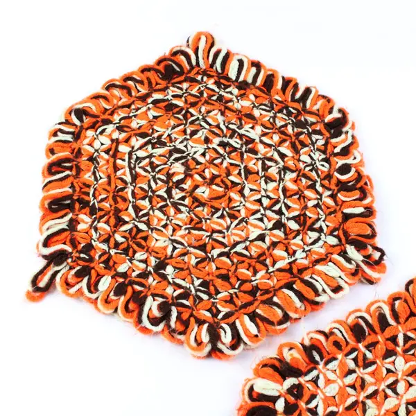 Lot of 2 Knit Hexagon Table Centerpiece Mats Orange Brown Beige 14" Fall Decor