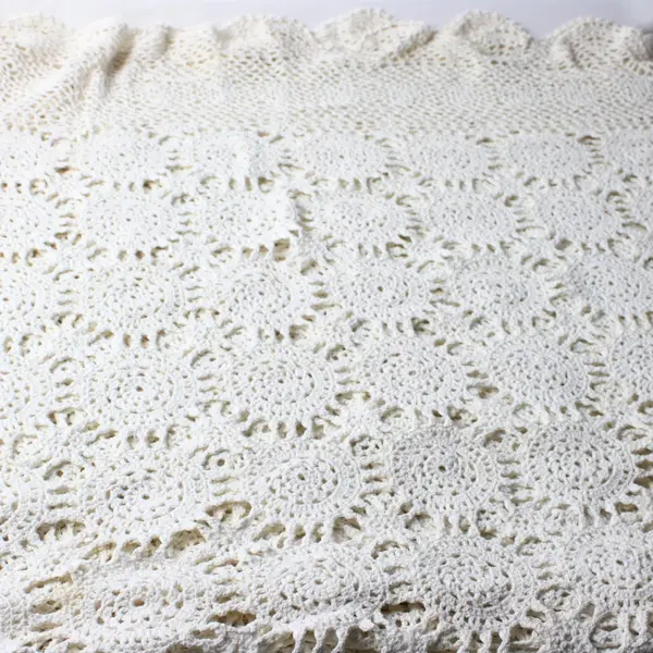 Beige Hand-Crocheted Eyelet Tablecloth 60 x 80 Inches Flawed