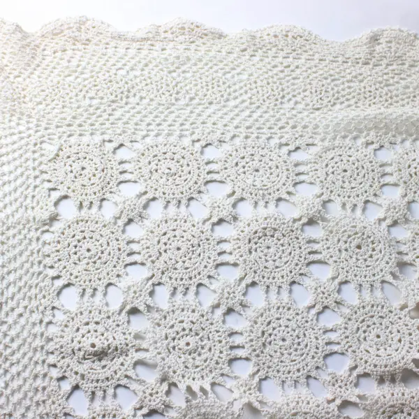 Beige Hand-Crocheted Eyelet Tablecloth 60 x 80 Inches Flawed