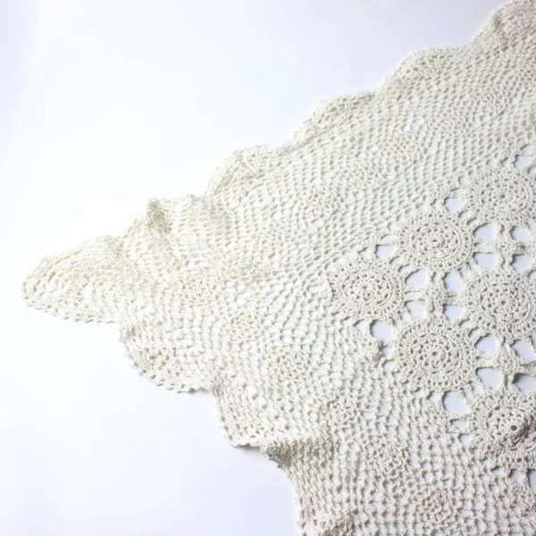 Beige Hand-Crocheted Eyelet Tablecloth 60 x 80 Inches Flawed