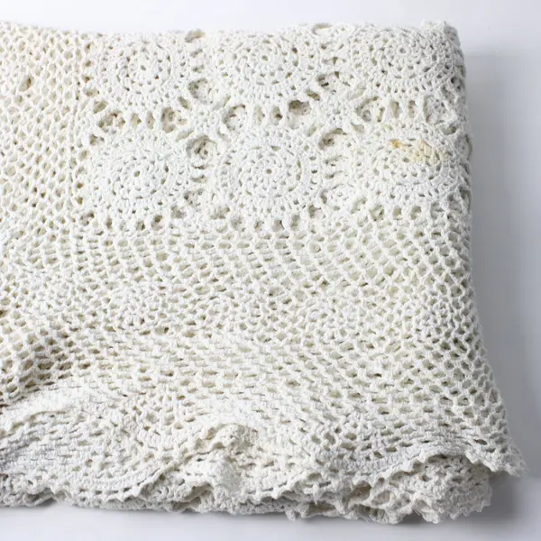 Beige Hand-Crocheted Eyelet Tablecloth 60 x 80 Inches Flawed