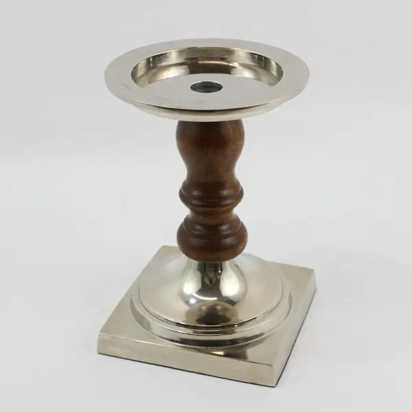 Pottery Barn Wood & Silver Pillar Candle Holder 8"
