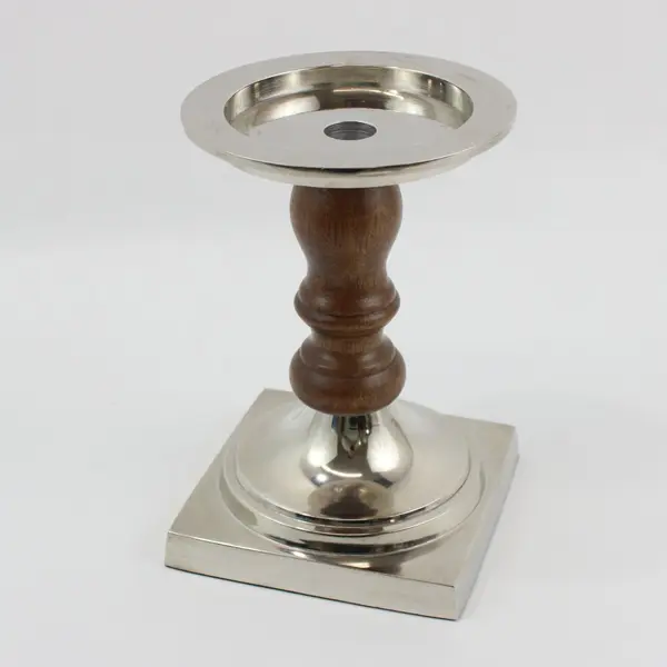 Pottery Barn Wood & Silver Pillar Candle Holder 8"
