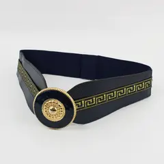 Navy Blue Gold Faux Snakeskin Stretch Statement Belt Round Ornate Buckle