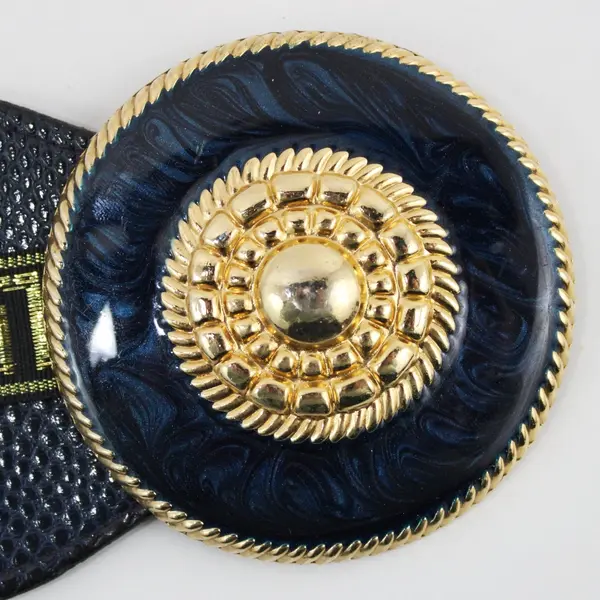 Navy Blue Gold Faux Snakeskin Stretch Statement Belt Round Ornate Buckle