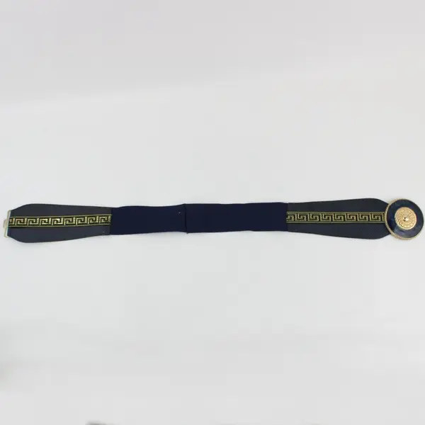 Navy Blue Gold Faux Snakeskin Stretch Statement Belt Round Ornate Buckle