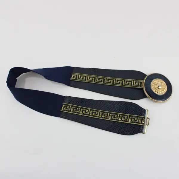 Navy Blue Gold Faux Snakeskin Stretch Statement Belt Round Ornate Buckle