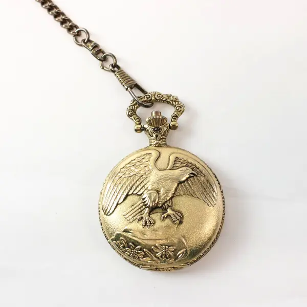 Watch-It Quartz Eagle Pocket Watch With Chain Gold Tone - New Battery