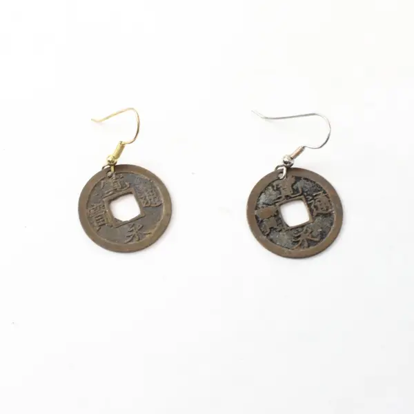 Unbranded Chinese Coin Dangle Earrings Metal 1.5 Inch