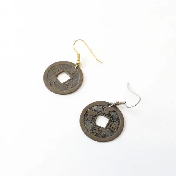 Unbranded Chinese Coin Dangle Earrings Metal 1.5 Inch