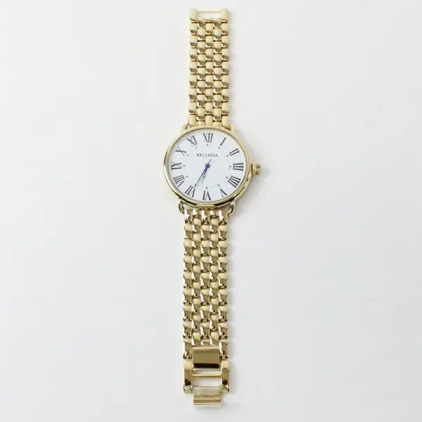 Bellezza Gold Tone Roman Numeral Wristwatch White Dial Bracelet New Battery