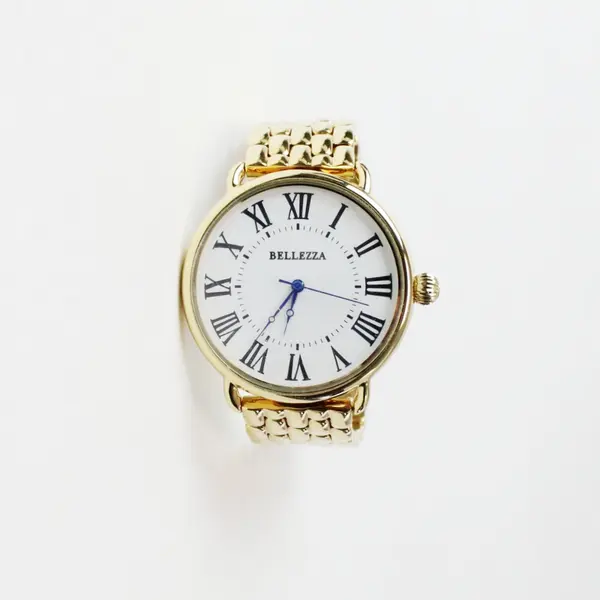 Bellezza Gold Tone Roman Numeral Wristwatch White Dial Bracelet New Battery