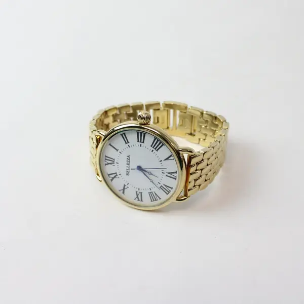 Bellezza Gold Tone Roman Numeral Wristwatch White Dial Bracelet New Battery