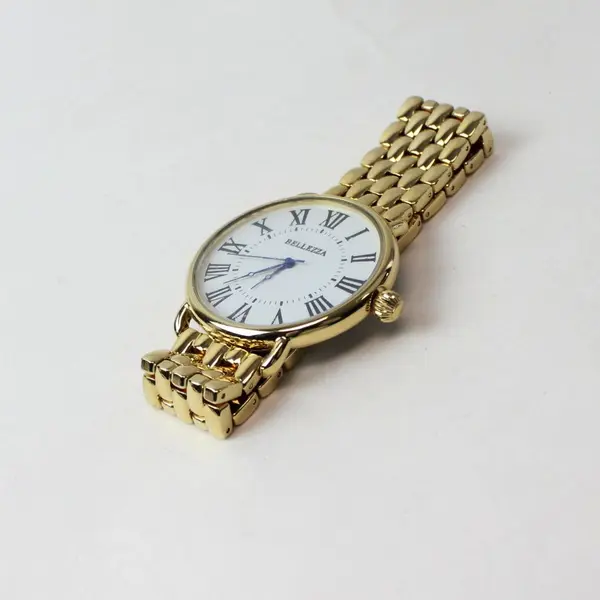 Bellezza Gold Tone Roman Numeral Wristwatch White Dial Bracelet New Battery