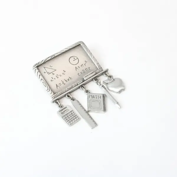 JJ Jonette Vintage Math Teacher Brooch Pin Equation Plaque Dangling Charms