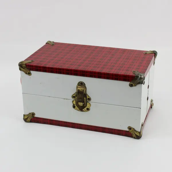 Vintage Red Black Plaid Metal-Covered Wood Doll Wardrobe Storage Box