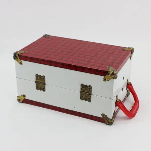 Vintage Red Black Plaid Metal-Covered Wood Doll Wardrobe Storage Box