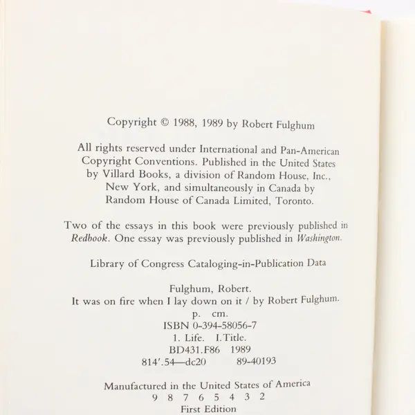 Robert Fulghum It Was On Fire When I Lay Down On It 1989 Hardcover DJ