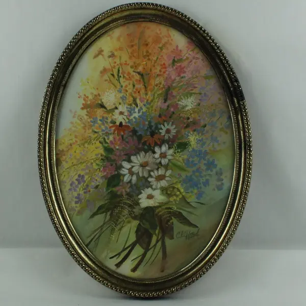 Vintage 1970s Floral Bouquet Oval Print Signed Clayton Gold-Tone Frame
