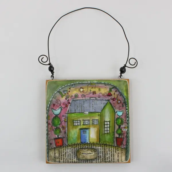 Lisa Kaus Whimsical Cottage House Wall Plaque 6x6 Signed Art