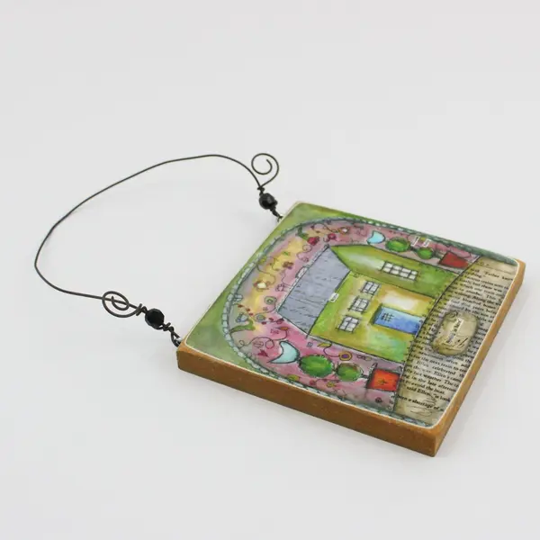 Lisa Kaus Whimsical Cottage House Wall Plaque 6x6 Signed Art