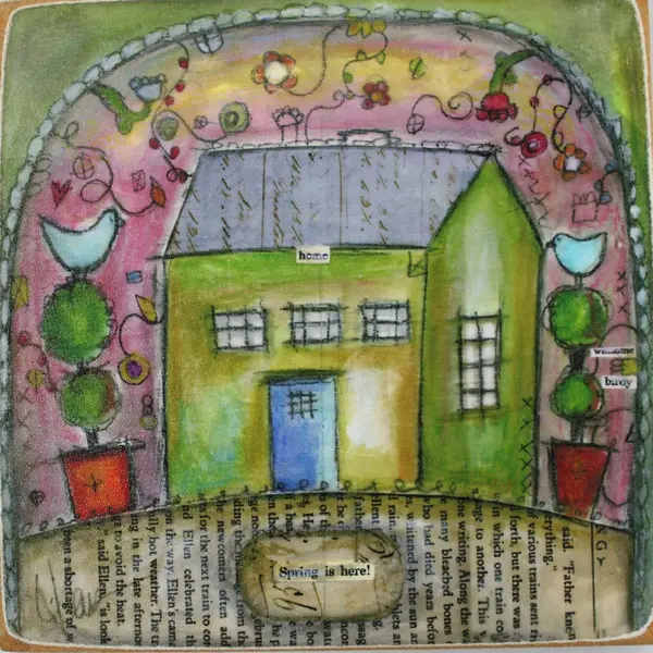 Lisa Kaus Whimsical Cottage House Wall Plaque 6x6 Signed Art
