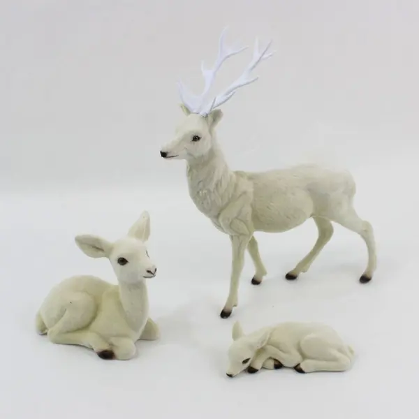 3 Piece White Flocked Reindeer Family Figurine Set Holiday Decor