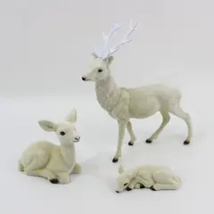 3 Piece White Flocked Reindeer Family Figurine Set Holiday Decor