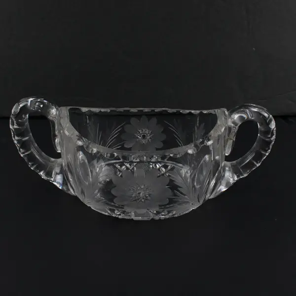 Vintage Etched Floral Open Sugar Bowl Frosted Pressed Glass Dual Handles