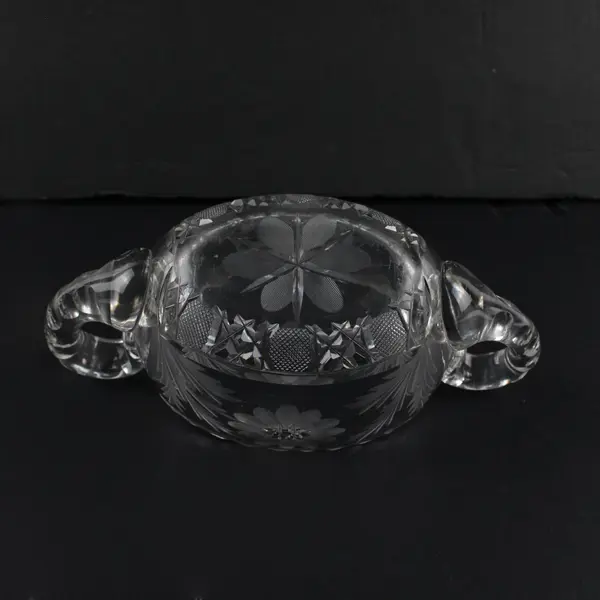 Vintage Etched Floral Open Sugar Bowl Frosted Pressed Glass Dual Handles