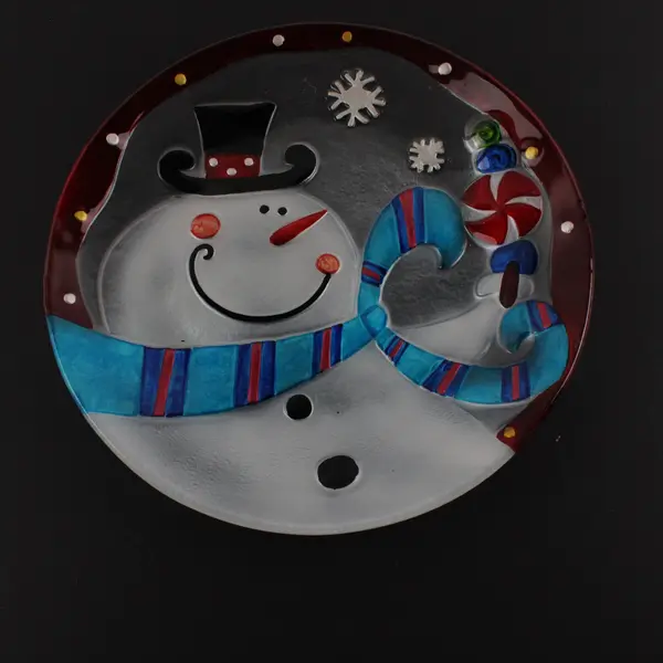 LS Arts Glass Snowman Christmas Holiday Platter Serving Tray