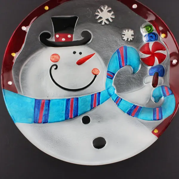 LS Arts Glass Snowman Christmas Holiday Platter Serving Tray