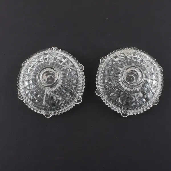 Set of 2 Stars & Bars Clear Pressed Glass Candle Holder Vintage