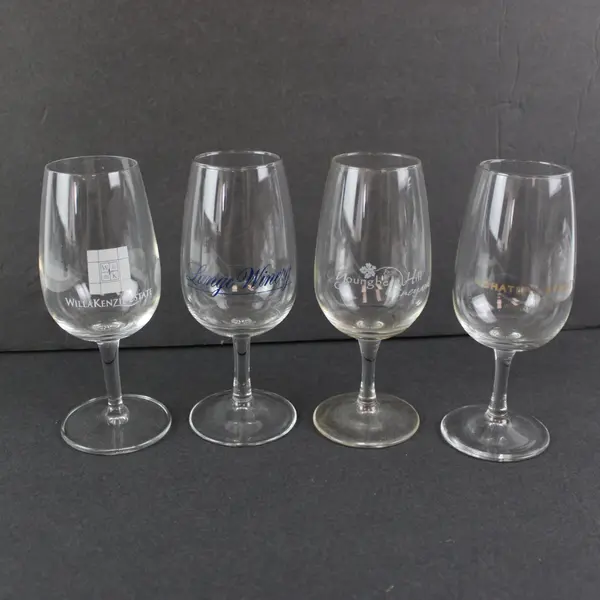 Lot of 4 Stemmed Wine Tasting Nosing Promo Glasses Multiple Wineries
