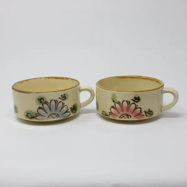 Vintage MCM Tundra Stoneware Flower Stackable Soup Mugs Set of 2